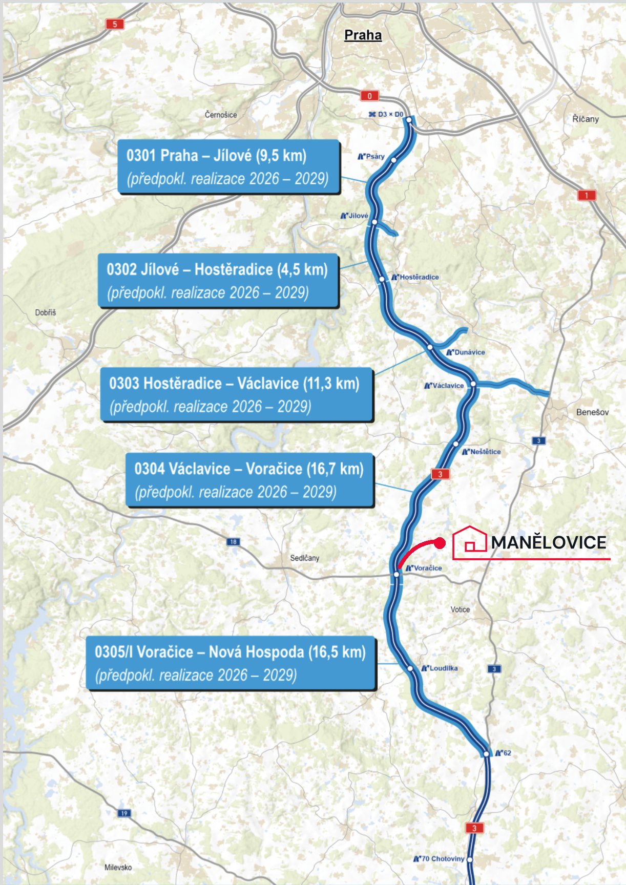 Map of the D3 motorway and the position of Manělovice